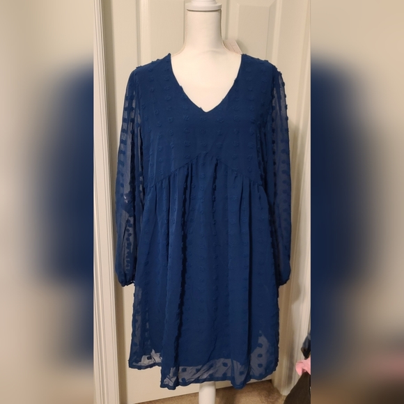 Fall Long Sleeve Mini Dress V Neck Flowy Casual Swiss Dot Loose Babydoll Blue - Picture 2 of 3